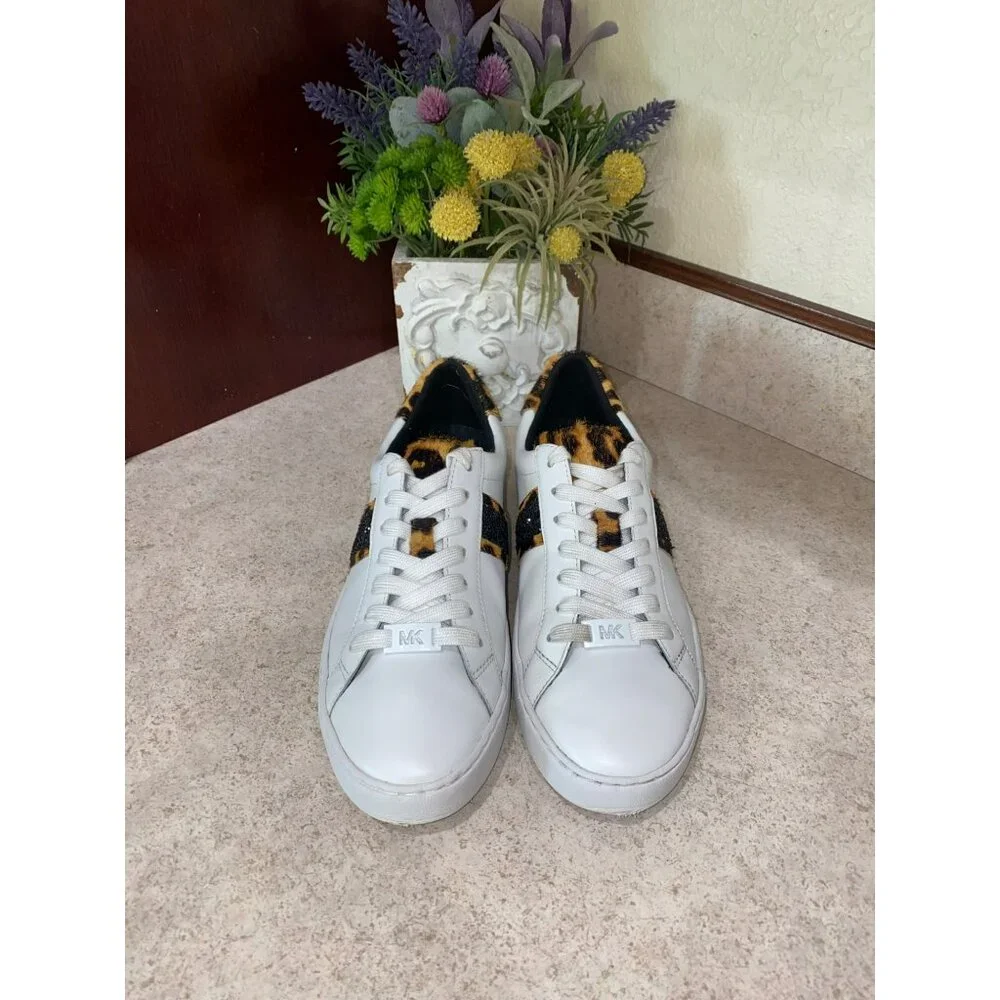 Michael Kors Irving Leopard Print Calf Hair and Leather Stripe Sneaker Size 7 gl